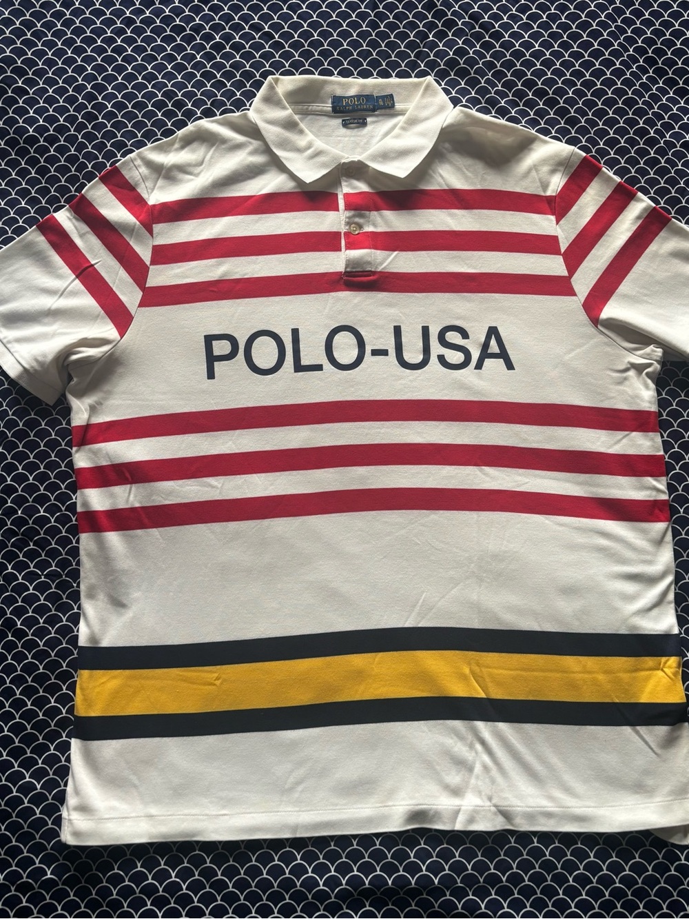 Polo by Ralph Lauren White Polo Shirt with Red Stripes and Yellow Accent